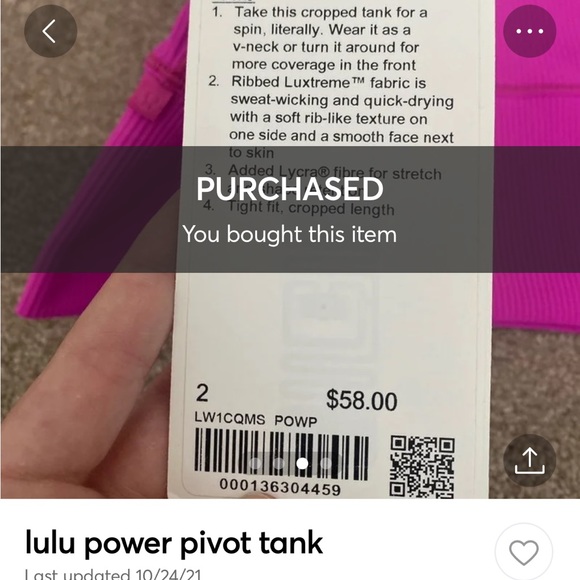 Lululemon Pow Pink Ribbed Power Pivot Tank, Size 2 - Picture 4 of 6